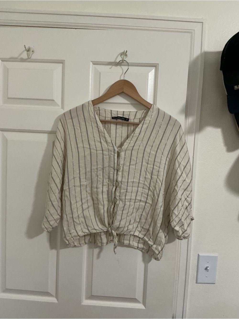 Abercrombie & Fitch Cream Striped Button-Tie Blouse